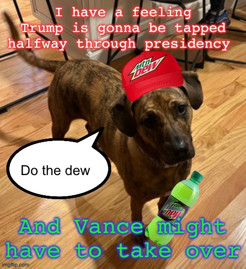 He’s already demented, so I wouldn’t be surprised | I have a feeling Trump is gonna be tapped halfway through presidency; And Vance might have to take over | image tagged in do the dew | made w/ Imgflip meme maker