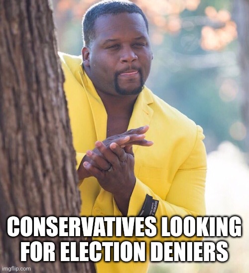 Black guy hiding behind tree | CONSERVATIVES LOOKING FOR ELECTION DENIERS | image tagged in black guy hiding behind tree,funny memes | made w/ Imgflip meme maker