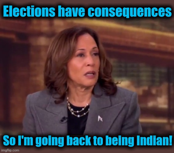 Elections have consequences; So I'm going back to being Indian! | image tagged in memes,kamala harris,indian,election 2024,democrats | made w/ Imgflip meme maker