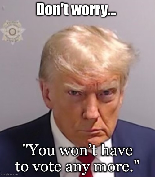 Don't worry  - He promised. 29th July 2024. | Don't worry... "You won’t have to vote any more." | image tagged in donald trump mugshot,no more voting | made w/ Imgflip meme maker