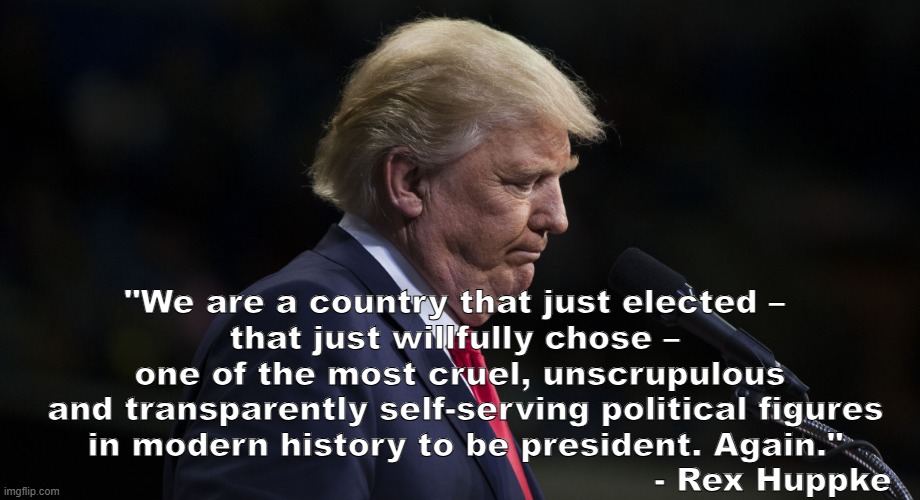 Withering with a capital 'W', and not Bush | "We are a country that just elected – 
that just willfully chose – 
one of the most cruel, unscrupulous
 and transparently self-serving political figures
 in modern history to be president. Again."; - Rex Huppke | image tagged in donald trump | made w/ Imgflip meme maker