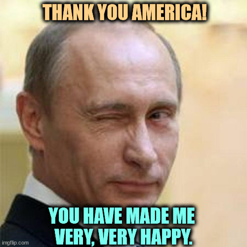 Meet our new President. | THANK YOU AMERICA! YOU HAVE MADE ME 
VERY, VERY HAPPY. | image tagged in putin winking,trump,slave,putin,russia | made w/ Imgflip meme maker