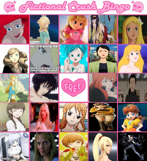 fictional crush bingo | image tagged in fictional crush bingo,true love,waifu,anime,videogames,bingo | made w/ Imgflip meme maker