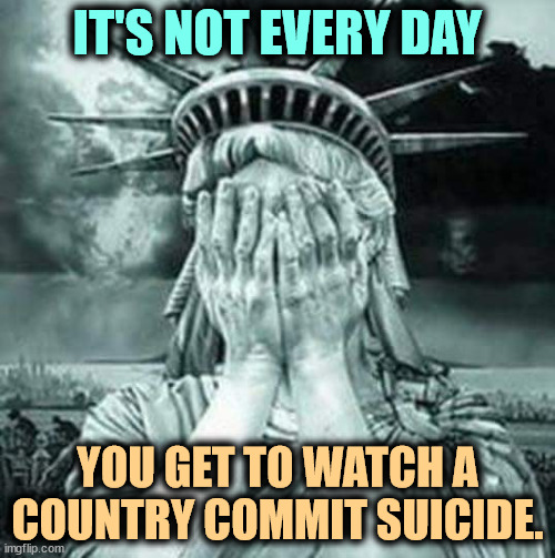 America the Stupid | IT'S NOT EVERY DAY; YOU GET TO WATCH A COUNTRY COMMIT SUICIDE. | image tagged in the statue of liberty weeps,america,stupid,suicide,incompetence,trump | made w/ Imgflip meme maker