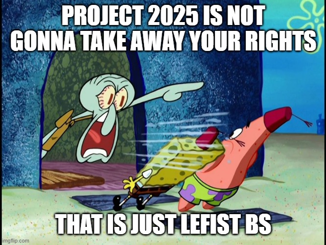 I am literally half Hispanic and I am not scared of Project 2025 (TW US Politics | PROJECT 2025 IS NOT GONNA TAKE AWAY YOUR RIGHTS; THAT IS JUST LEFIST BS | image tagged in squidward screaming | made w/ Imgflip meme maker