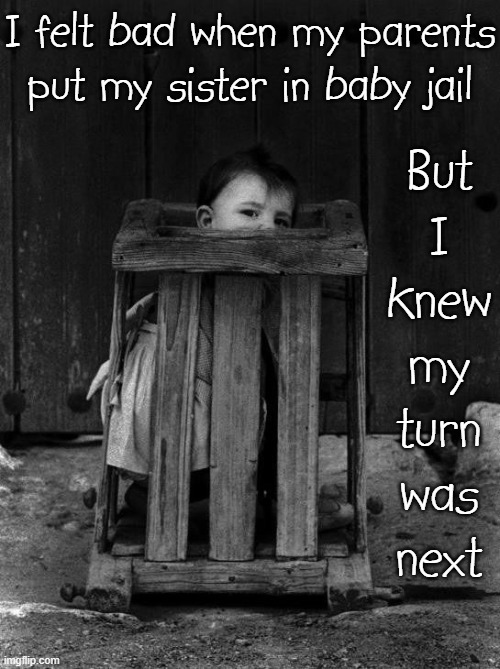 I felt bad when my parents
put my sister in baby jail But I knew my turn was next | made w/ Imgflip meme maker