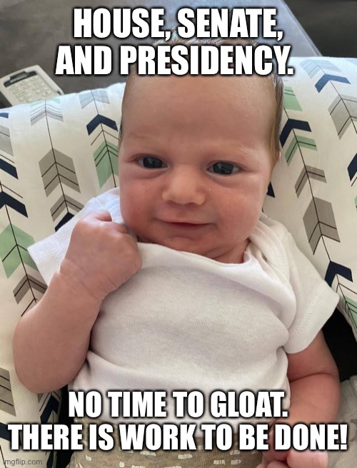 Happy as a breast fed baby | HOUSE, SENATE, AND PRESIDENCY. NO TIME TO GLOAT. THERE IS WORK TO BE DONE! | image tagged in trickster | made w/ Imgflip meme maker