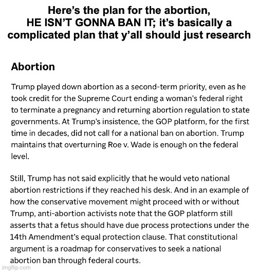 Here’s the plan for the abortion, HE ISN’T GONNA BAN IT; it’s basically a complicated plan that y’all should just research | made w/ Imgflip meme maker