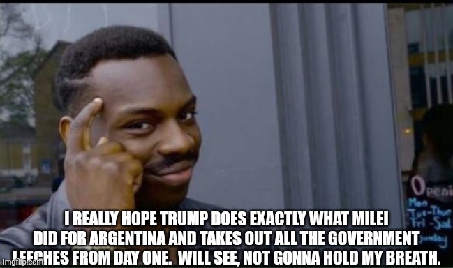 Thinking Black Man | I REALLY HOPE TRUMP DOES EXACTLY WHAT MILEI DID FOR ARGENTINA AND TAKES OUT ALL THE GOVERNMENT LEECHES FROM DAY ONE.  WILL SEE, NOT GONNA HO | image tagged in thinking black man | made w/ Imgflip meme maker