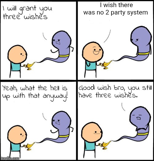 3 Wishes | I wish there was no 2 party system | image tagged in 3 wishes | made w/ Imgflip meme maker