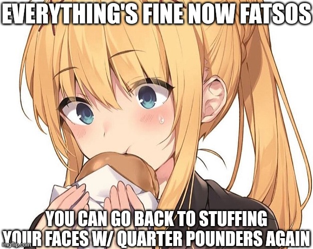 #MAJOR | EVERYTHING'S FINE NOW FATSOS; YOU CAN GO BACK TO STUFFING YOUR FACES W/ QUARTER POUNDERS AGAIN | image tagged in mcdonald's,quarter pounder,memes,anime | made w/ Imgflip meme maker