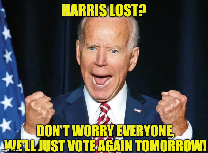 The man who can't remember and the woman who can't think are finally just pages in a history book!  Finally! | HARRIS LOST? DON'T WORRY EVERYONE, WE'LL JUST VOTE AGAIN TOMORROW! | image tagged in crazy joe biden,kamala harris,losers,task failed successfully,stupid liberals,crying democrats | made w/ Imgflip meme maker