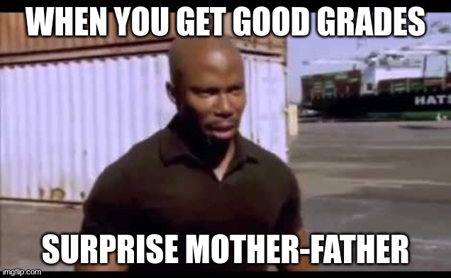 Surprise motherf*ucker | WHEN YOU GET GOOD GRADES; SURPRISE MOTHER-FATHER | image tagged in surprise motherf ucker | made w/ Imgflip meme maker