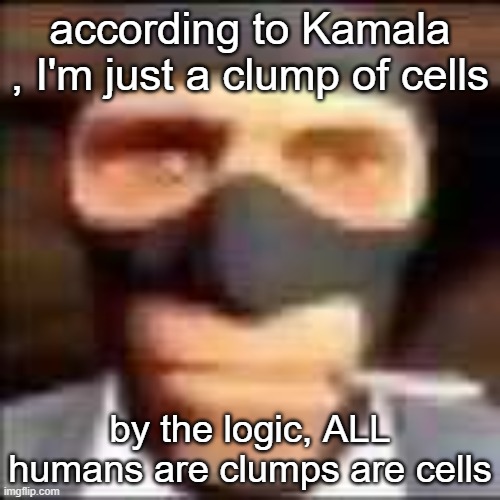 spi | according to Kamala , I'm just a clump of cells; by the logic, ALL humans are clumps are cells | image tagged in spi | made w/ Imgflip meme maker