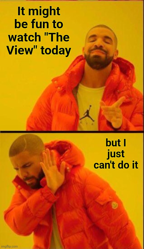 I'll just wait for the memes | It might be fun to watch "The View" today; but I just can't do it | image tagged in drake hotline bling reverse,the view,pity party,lunatic fringe,freak show,whining and crying | made w/ Imgflip meme maker