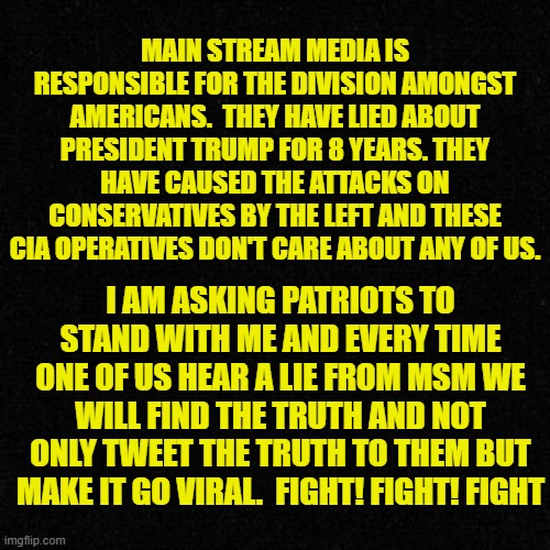 call them out fight fight fight | MAIN STREAM MEDIA IS RESPONSIBLE FOR THE DIVISION AMONGST AMERICANS.  THEY HAVE LIED ABOUT PRESIDENT TRUMP FOR 8 YEARS. THEY HAVE CAUSED THE ATTACKS ON CONSERVATIVES BY THE LEFT AND THESE CIA OPERATIVES DON'T CARE ABOUT ANY OF US. I AM ASKING PATRIOTS TO STAND WITH ME AND EVERY TIME ONE OF US HEAR A LIE FROM MSM WE WILL FIND THE TRUTH AND NOT ONLY TWEET THE TRUTH TO THEM BUT MAKE IT GO VIRAL.  FIGHT! FIGHT! FIGHT | made w/ Imgflip meme maker