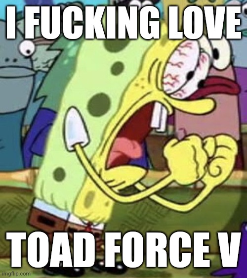 yelling spongebob | I FUCKING LOVE TOAD FORCE V | image tagged in yelling spongebob | made w/ Imgflip meme maker