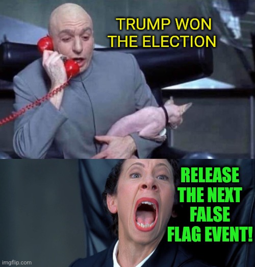 Be prepared | TRUMP WON THE ELECTION; RELEASE THE NEXT FALSE FLAG EVENT! | image tagged in dr evil and frau,deep state,false flag,desperate,democrat,leftists | made w/ Imgflip meme maker