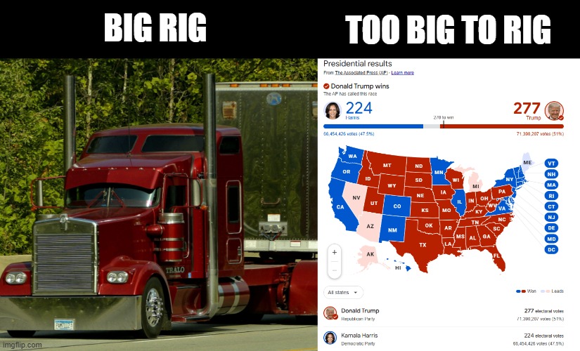 Too Big To Rig | TOO BIG TO RIG; BIG RIG | image tagged in big rig,2024 election,trump,kamala harris | made w/ Imgflip meme maker