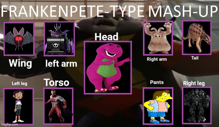 FrankenBarney type mashup | image tagged in frankenpete meme template v2,chipndale,barney the dinosaur,fusion,transformation,monster | made w/ Imgflip meme maker