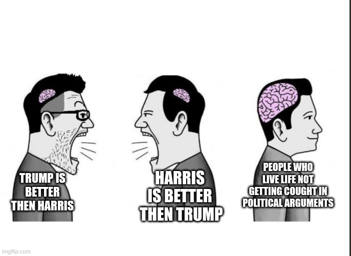 There people yelling | PEOPLE WHO LIVE LIFE NOT GETTING COUGHT IN POLITICAL ARGUMENTS; HARRIS IS BETTER
 THEN TRUMP; TRUMP IS BETTER
THEN HARRIS | image tagged in there people yelling | made w/ Imgflip meme maker