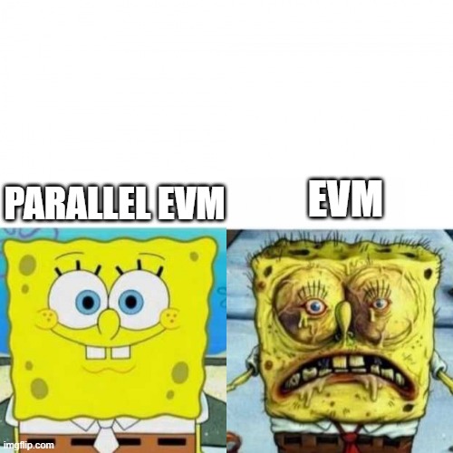 Parallel EVM | PARALLEL EVM; EVM | image tagged in fresh vs haggard spongebob | made w/ Imgflip meme maker