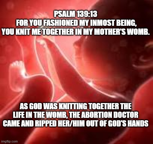 God knit us together | PSALM 139:13
 FOR YOU FASHIONED MY INMOST BEING,
YOU KNIT ME TOGETHER IN MY MOTHER’S WOMB. AS GOD WAS KNITTING TOGETHER THE LIFE IN THE WOMB, THE ABORTION DOCTOR CAME AND RIPPED HER/HIM OUT OF GOD'S HANDS | made w/ Imgflip meme maker