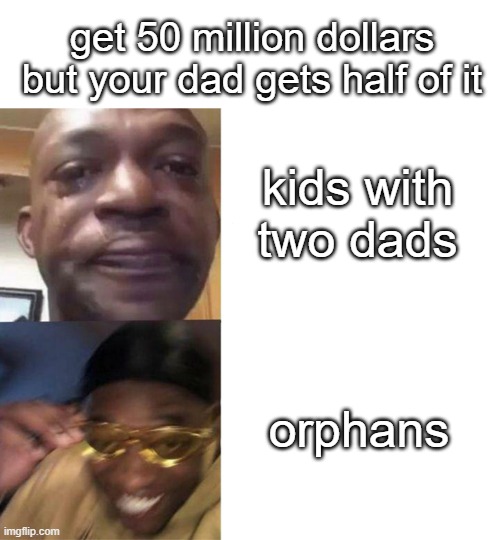 Black Guy Crying and Black Guy Laughing | get 50 million dollars but your dad gets half of it; kids with two dads; orphans | image tagged in black guy crying and black guy laughing | made w/ Imgflip meme maker