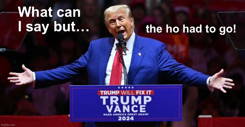 Trump shrug | What can I say but…; the ho had to go! | image tagged in trump shrug | made w/ Imgflip meme maker