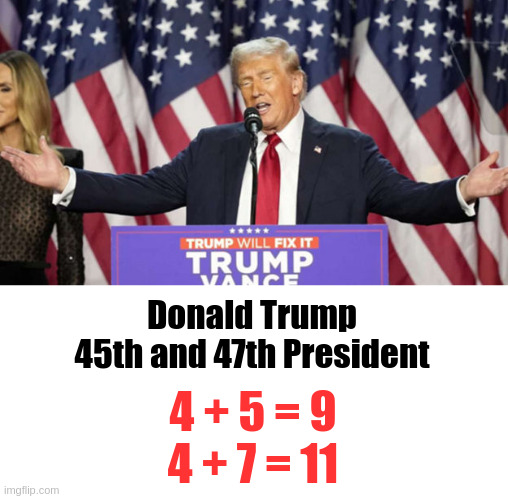 45 & 47 | 4 + 5 = 9
4 + 7 = 11; Donald Trump
45th and 47th President | made w/ Imgflip meme maker