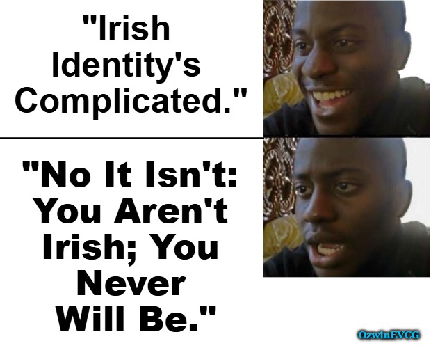 Wonder What Would Happen If Irish People Moved Into an African Country and Livestreamed "Just as African as You" Routines. | "Irish 

Identity's 

Complicated."; "No It Isn't: 

You Aren't 

Irish; You 

Never 

Will Be."; OzwinEVCG | image tagged in disappointed black guy,antiwhite,double standards,clown world,liberal logic,migration | made w/ Imgflip meme maker