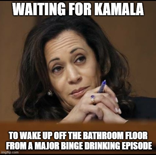 Kamala Harris  | WAITING FOR KAMALA; TO WAKE UP OFF THE BATHROOM FLOOR  FROM A MAJOR BINGE DRINKING EPISODE | image tagged in kamala harris | made w/ Imgflip meme maker