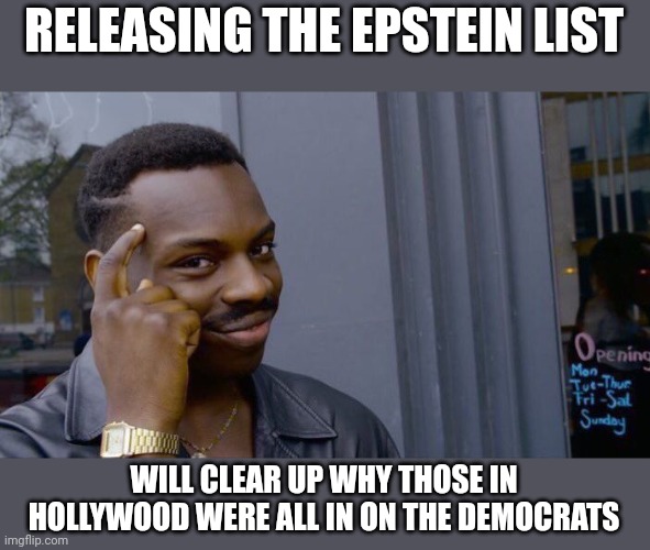 This is going to be good | RELEASING THE EPSTEIN LIST; WILL CLEAR UP WHY THOSE IN HOLLYWOOD WERE ALL IN ON THE DEMOCRATS | image tagged in memes,roll safe think about it | made w/ Imgflip meme maker