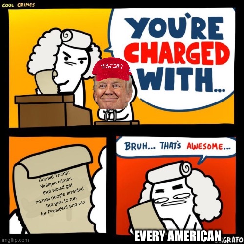 cool crimes | Donald Trump: Multiple crimes that would get normal people arrested but gets to run for President and win; EVERY AMERICAN | image tagged in cool crimes,donald trump | made w/ Imgflip meme maker