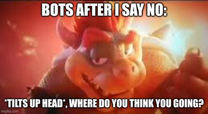 bruh. | BOTS AFTER I SAY NO:; *TILTS UP HEAD*, WHERE DO YOU THINK YOU GOING? | image tagged in bowsers rizz face | made w/ Imgflip meme maker