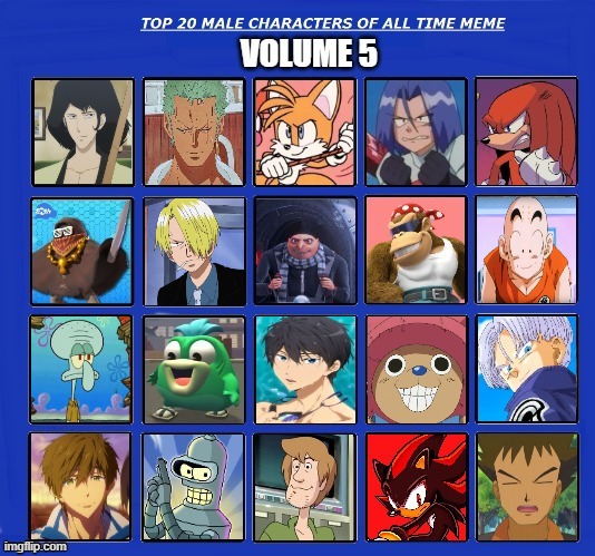 top 20 male characters of all time volume 5 | image tagged in top 20 male characters volume 5,top 10,favorites,comics/cartoons,anime,videogames | made w/ Imgflip meme maker