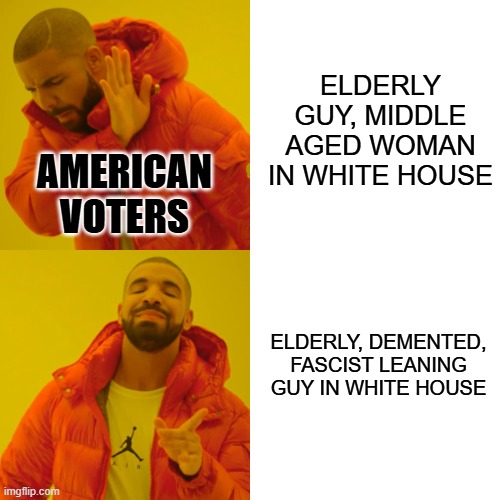 Drake Hotline Bling | ELDERLY GUY, MIDDLE AGED WOMAN IN WHITE HOUSE; AMERICAN VOTERS; ELDERLY, DEMENTED, FASCIST LEANING GUY IN WHITE HOUSE | image tagged in memes,drake hotline bling | made w/ Imgflip meme maker