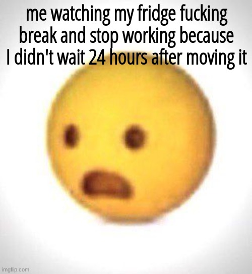 Shocked emoji | me watching my fridge fucking break and stop working because I didn't wait 24 hours after moving it | image tagged in shocked emoji | made w/ Imgflip meme maker