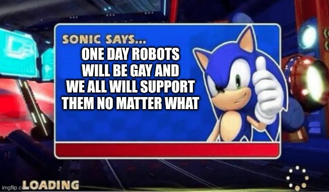 Gay robots | ONE DAY ROBOTS WILL BE GAY AND WE ALL WILL SUPPORT THEM NO MATTER WHAT | image tagged in sonic says | made w/ Imgflip meme maker