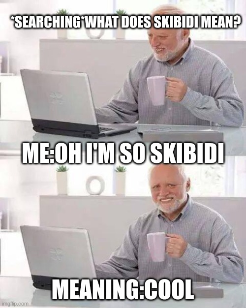 skibidi meaning | *SEARCHING*WHAT DOES SKIBIDI MEAN? ME:OH I'M SO SKIBIDI; MEANING:COOL | image tagged in memes,hide the pain harold | made w/ Imgflip meme maker