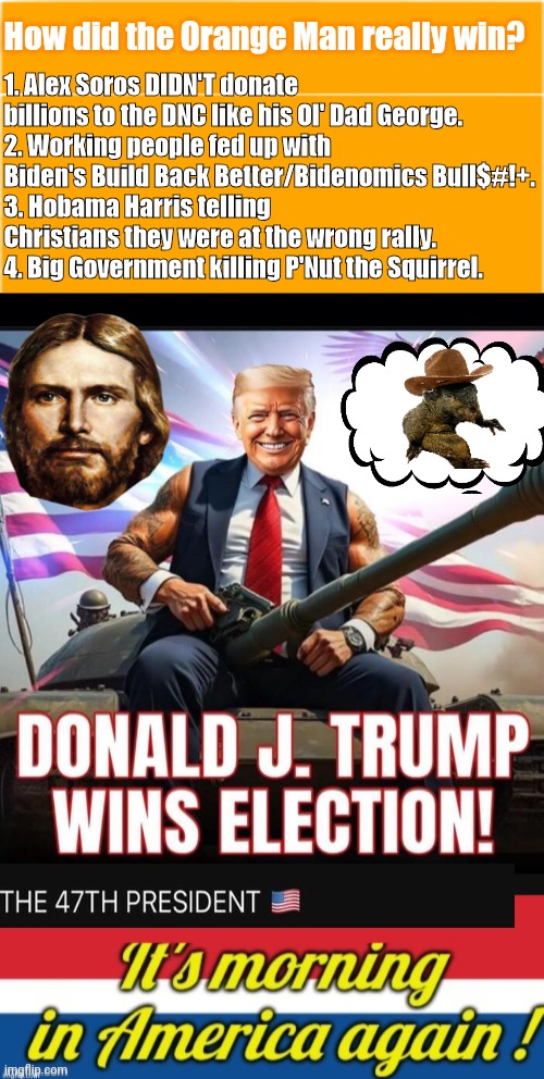 Real reasons Trump won | How did the Orange Man really win? 1. Alex Soros DIDN'T donate billions to the DNC like his Ol' Dad George.
2. Working people fed up with Biden's Build Back Better/Bidenomics Bull$#!+.
3. Hobama Harris telling Christians they were at the wrong rally.
4. Big Government killing P'Nut the Squirrel. | image tagged in orange box,black background,morning in anwrica again header,donald trump | made w/ Imgflip meme maker