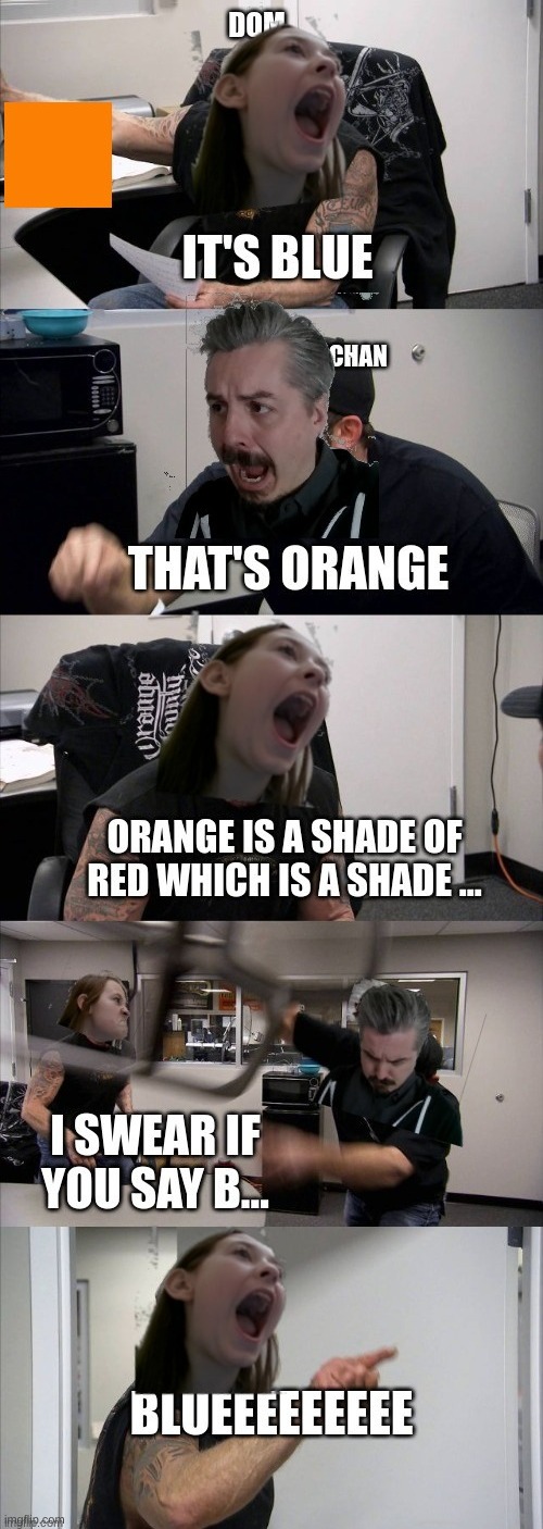 ITS BLUE | image tagged in inside joke,blue,orange | made w/ Imgflip meme maker