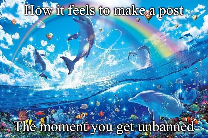 Happened to me for spreading britain | How it feels to make a post; The moment you get unbanned | image tagged in happy dolphin rainbow,msmg | made w/ Imgflip meme maker