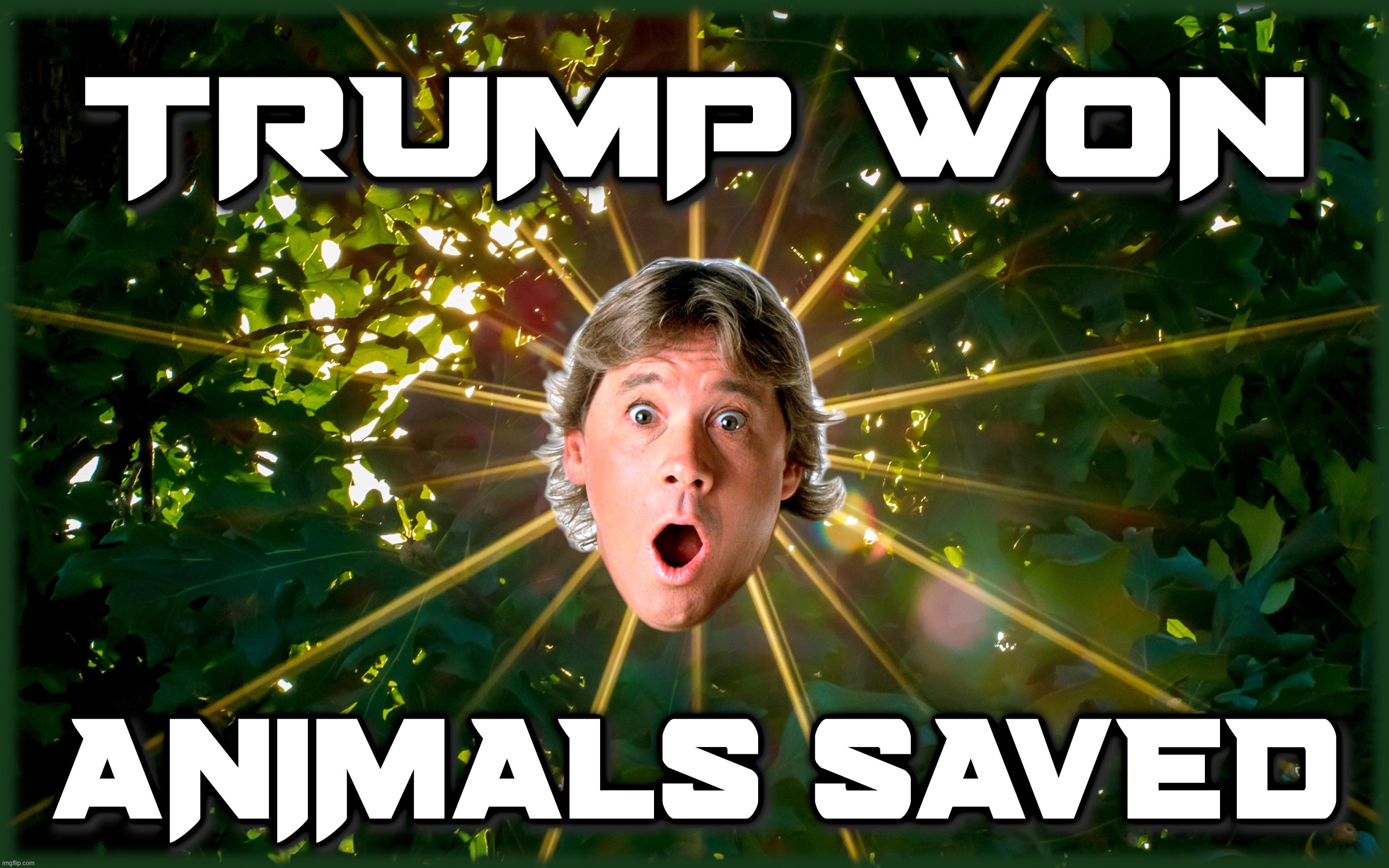 TRUMP SAVES ANIMALS | TRUMP WON; ANIMALS SAVED
STEVE IRWIN
CROCODILE HUNTER | image tagged in trump,donald trump,won,saved,pets,animals | made w/ Imgflip meme maker