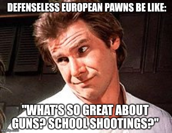 Imagine making fun of freedoms | DEFENSELESS EUROPEAN PAWNS BE LIKE:; "WHAT'S SO GREAT ABOUT GUNS? SCHOOL SHOOTINGS?" | image tagged in snarky solo,2nd amendment,european | made w/ Imgflip meme maker