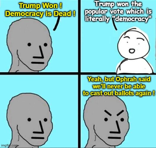 Democracy is Dead? | Trump won the popular vote which is literally "democracy"; Trump Won !
Democracy is Dead ! Yeah, but Ophrah said we'll never be able to cast out ballots again ! | image tagged in npc meme,democracy | made w/ Imgflip meme maker