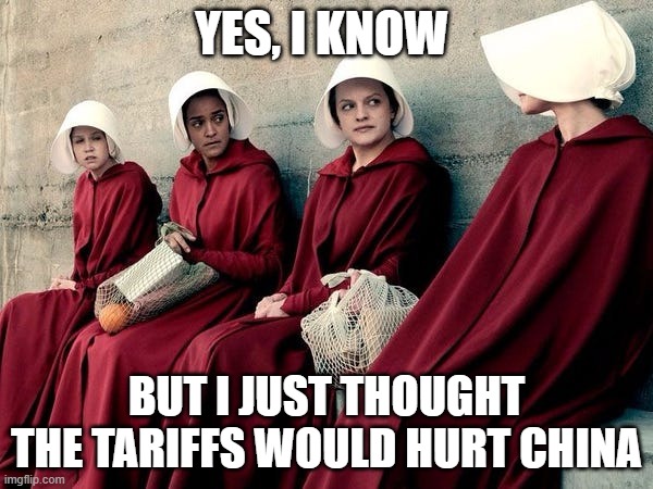 But i thought the tariffs would hurt china | YES, I KNOW; BUT I JUST THOUGHT THE TARIFFS WOULD HURT CHINA | image tagged in handmaid's tale | made w/ Imgflip meme maker