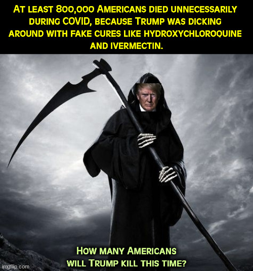 Fatal incompetence = mass murder. | At least 800,000 Americans died unnecessarily 

during COVID, because Trump was dicking 
around with fake cures like hydroxychloroquine 
and ivermectin. How many Americans will Trump kill this time? | image tagged in trump grim reaper death denial and delay,trump,incompetence,murder,killer,idiot | made w/ Imgflip meme maker