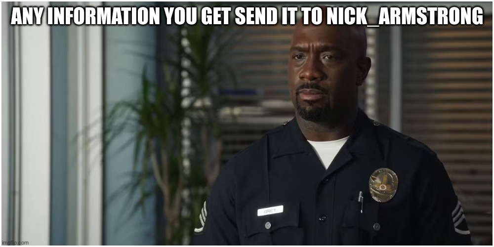 sergeant grey | ANY INFORMATION YOU GET SEND IT TO NICK_ARMSTRONG | image tagged in sergeant grey | made w/ Imgflip meme maker