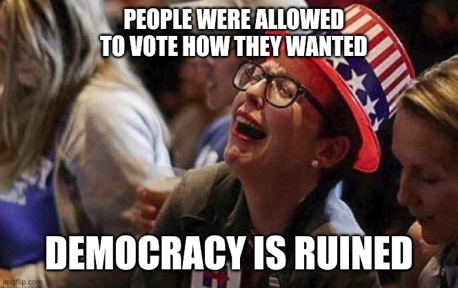 Crying Liberal | PEOPLE WERE ALLOWED TO VOTE HOW THEY WANTED; DEMOCRACY IS RUINED | image tagged in crying liberal | made w/ Imgflip meme maker